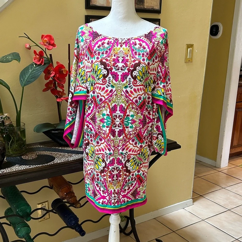 Trina Turk NWT Pink & Green Hawaiian Garden Boatneck Tunic Swim Cover Mini Dress - Picture 12 of 16